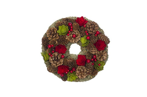 KRANS  ROOD-GROEN ROND HOUT 25X25XH8 PIN ECONES
